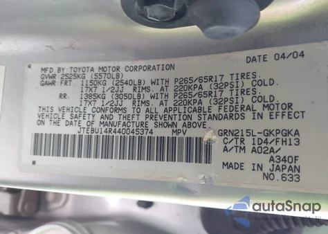 2004 Toyota 4Runner Sr5 Sport V6 из США, поврежденный, VIN JTEBU14R440045374